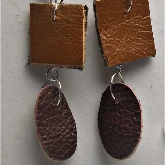 No.1139 Handmade earrings with leather pieces 2 1/2 inches long - Picture 1 of 4